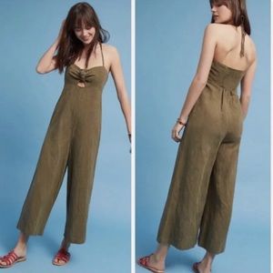 Anthropologie Elevenses Tropicale Jumpsuit Olive Green Halter Top Size 2